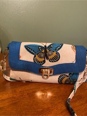Canvas Butterfly Crossbody Bag in Blue and Cream